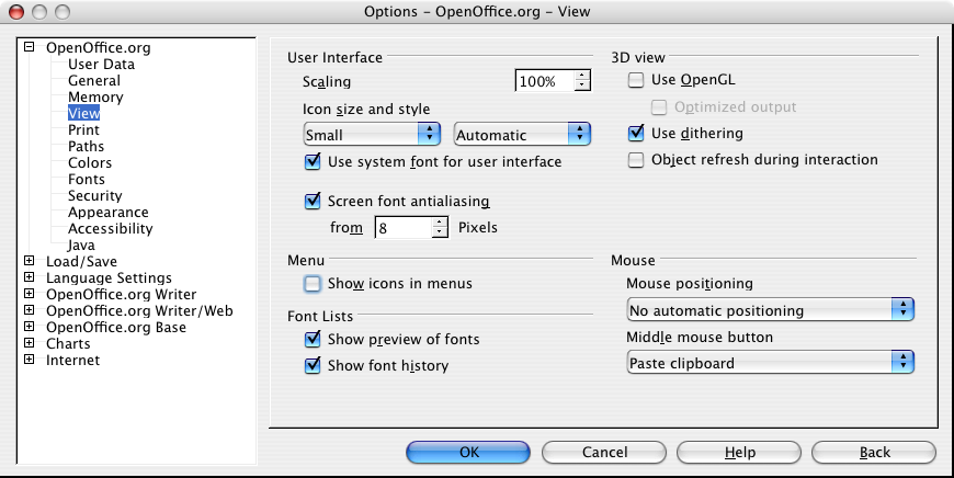 Screenshot of the OpenOffice.org Options dialog with 'Show icons in menus' unchecked